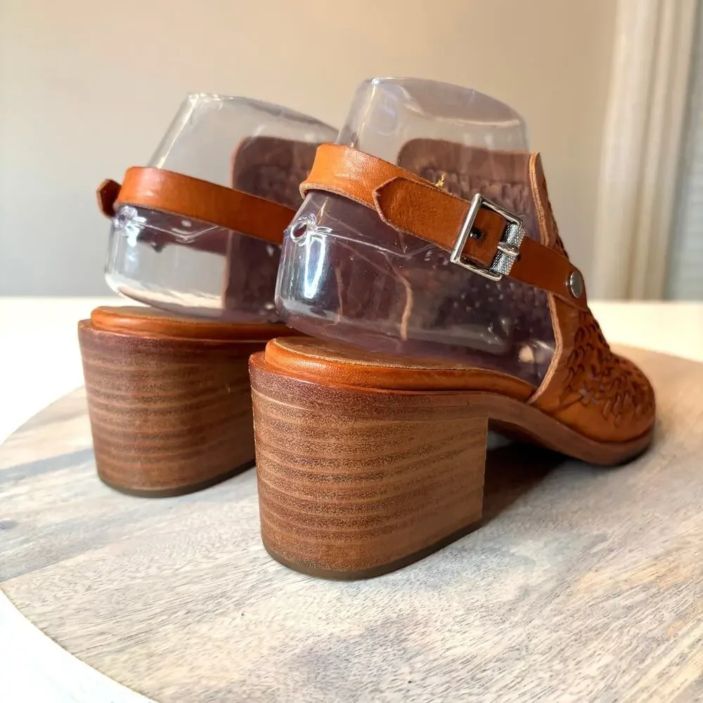 Rag & Bone Wyatt Willow Woven Leather Peep Toe Slingback Heels Brown Size 8 Boho - Picture 8 of 15